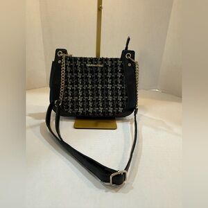 Alexis Bendel Black  Plaid Tweed Crossbody Bag W/Gold Chain Strap